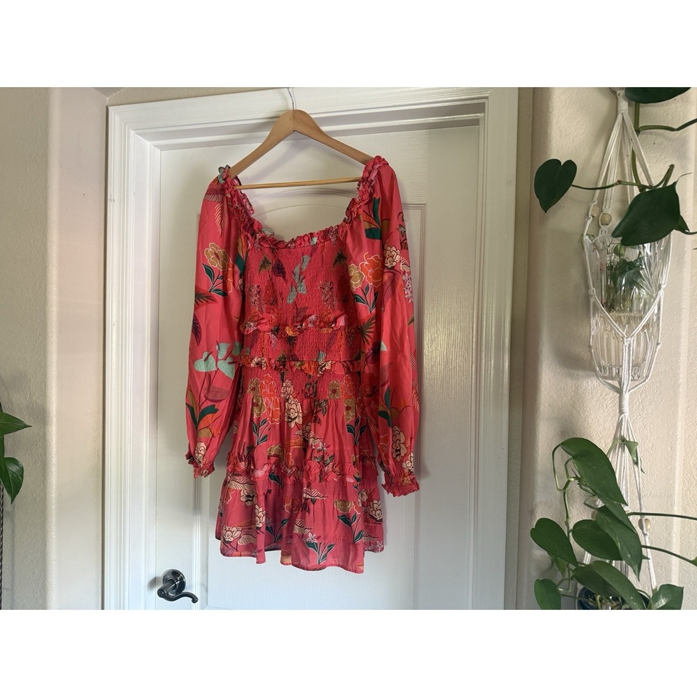 Farm Rio Smocked Ruffle Mini Dress M Coral Tropical Floral Puff Sleeve - Picture 4 of 14